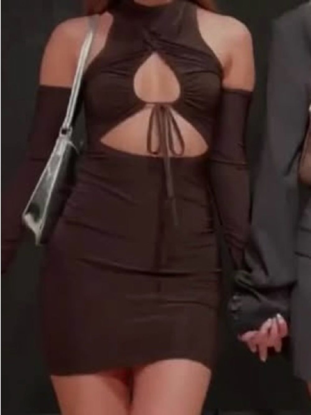 Brown PLT Nylon Mini Dress with Cutouts